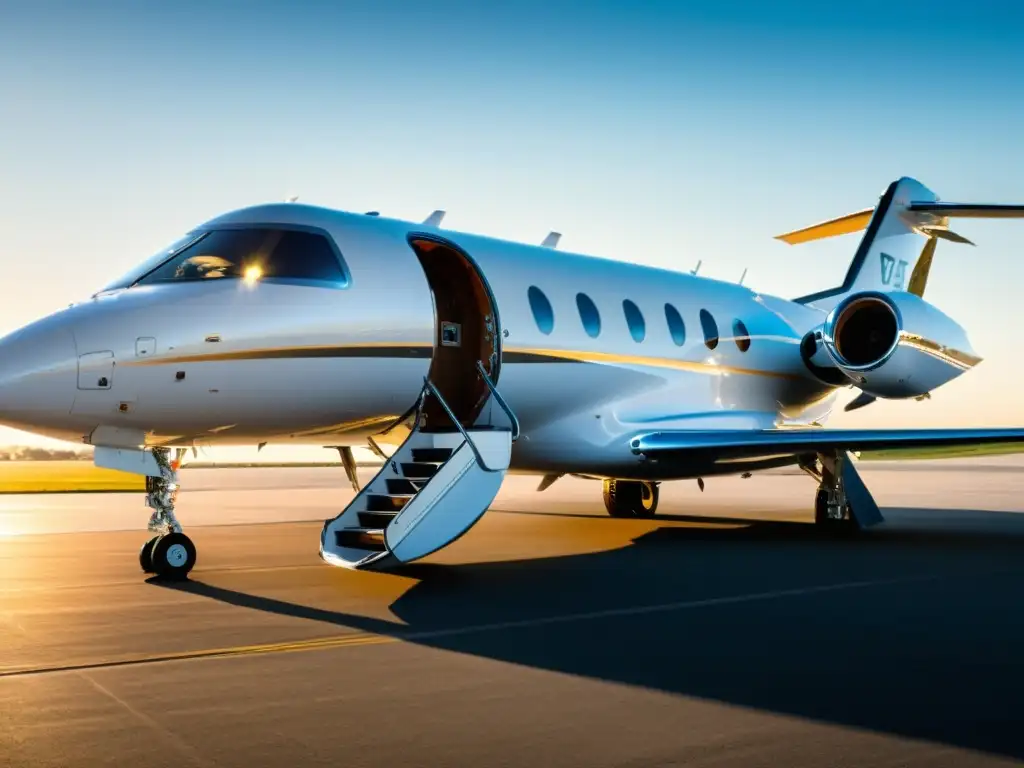 Un jet privado de lujo en una pista impecable, rodeado de personal elegante