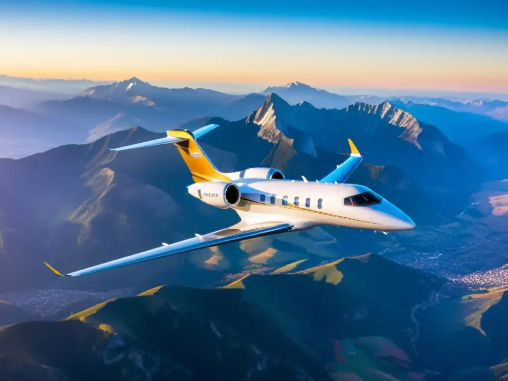 Un jet privado surca majestuosas montañas al atardecer, evocando experiencias de viaje de lujo en transporte