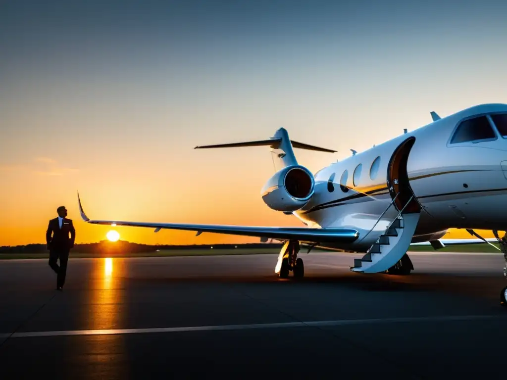 Un jet privado moderno y elegante en la pista, con el sol poniéndose detrás