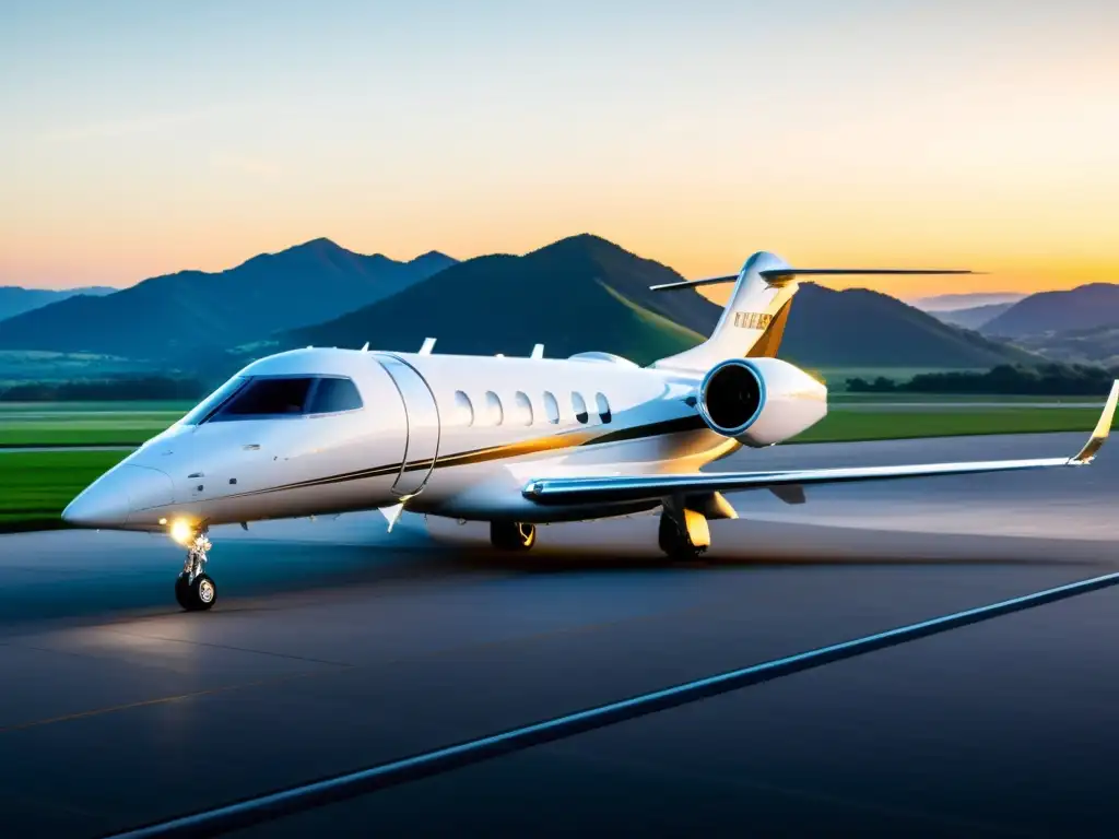 Un jet privado moderno y elegante estacionado en una pista con un impresionante atardecer de fondo