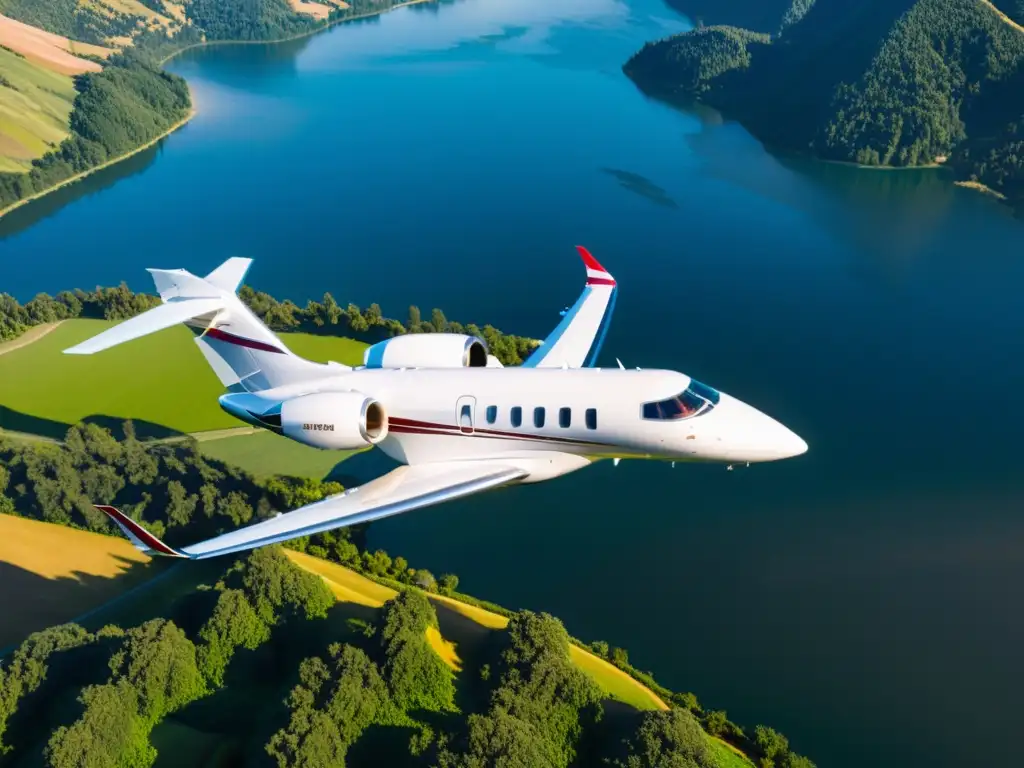 Un jet privado moderno sobrevolando un paisaje natural vibrante, mostrando avances en sostenibilidad de jets privados