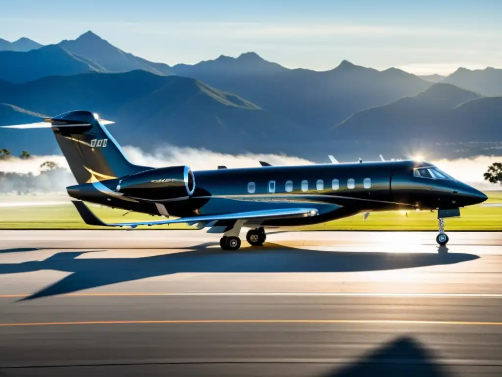 Un jet privado Gulfstream G700, elegantemente negro mate, con los motores en marcha en una pista impecable