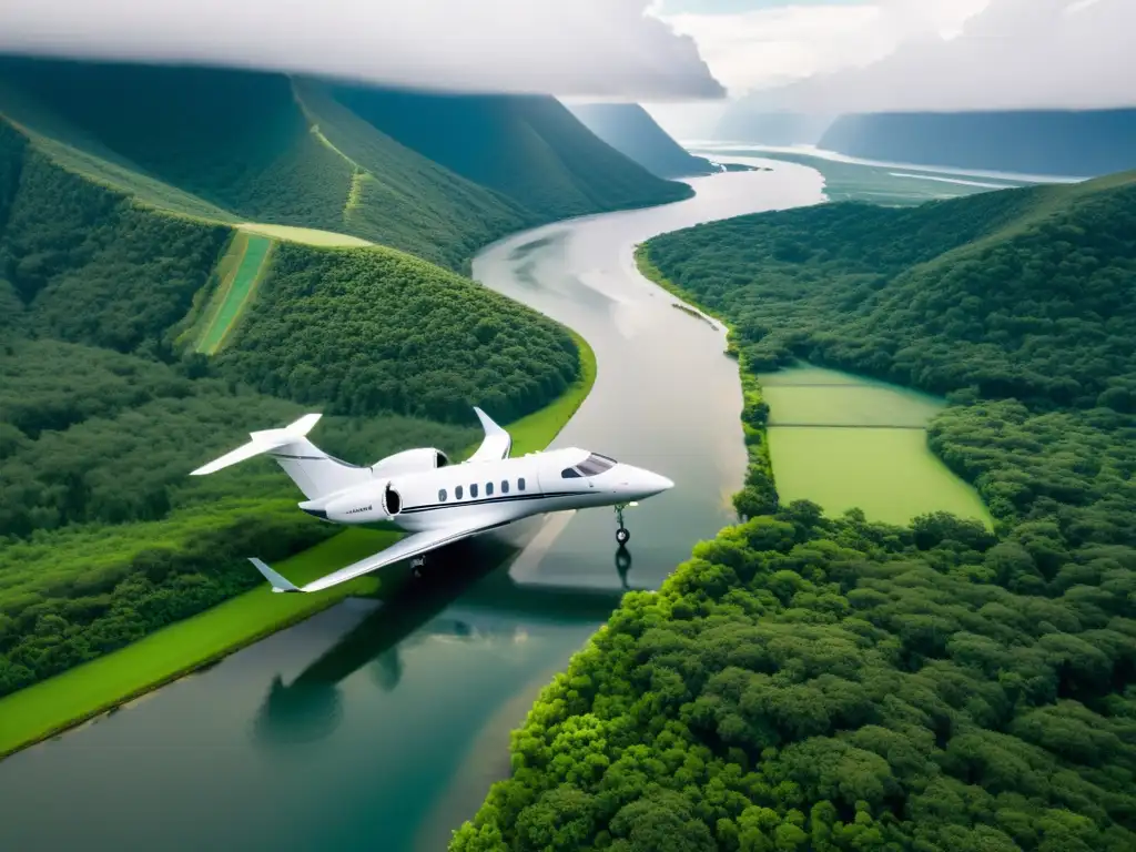 Un jet privado surca un paisaje natural, destacando el contraste entre el lujo y el impacto ambiental