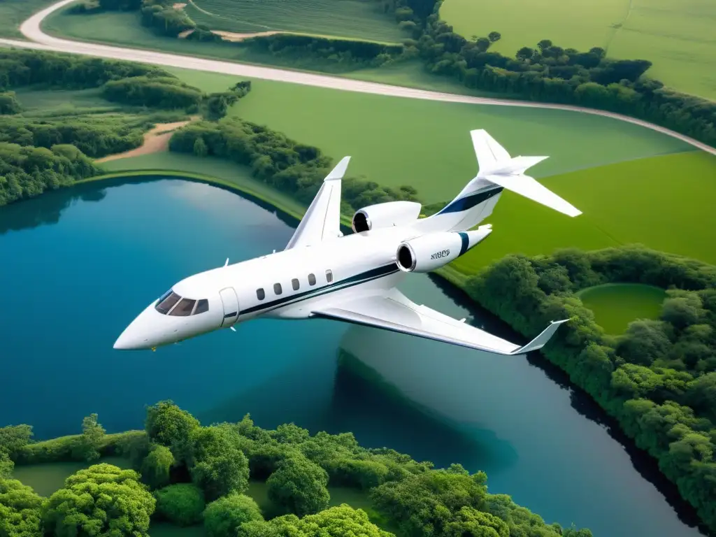 Un jet privado sobrevolando paisaje verde con avances sostenibilidad jets privados