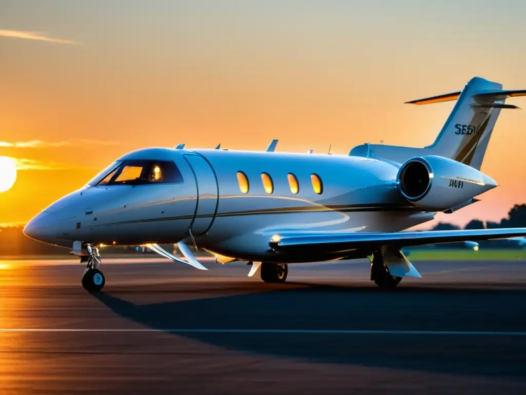 Un jet privado en pista al atardecer, resaltando su elegancia y exclusividad