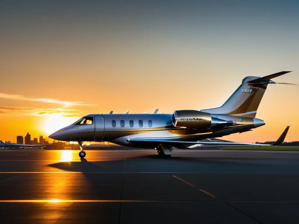 Un jet privado reluciente en la pista, iluminado por el cálido atardecer