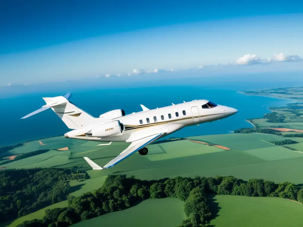 Un jet privado en vuelo sobre un cielo azul, con paisaje verde hasta el horizonte