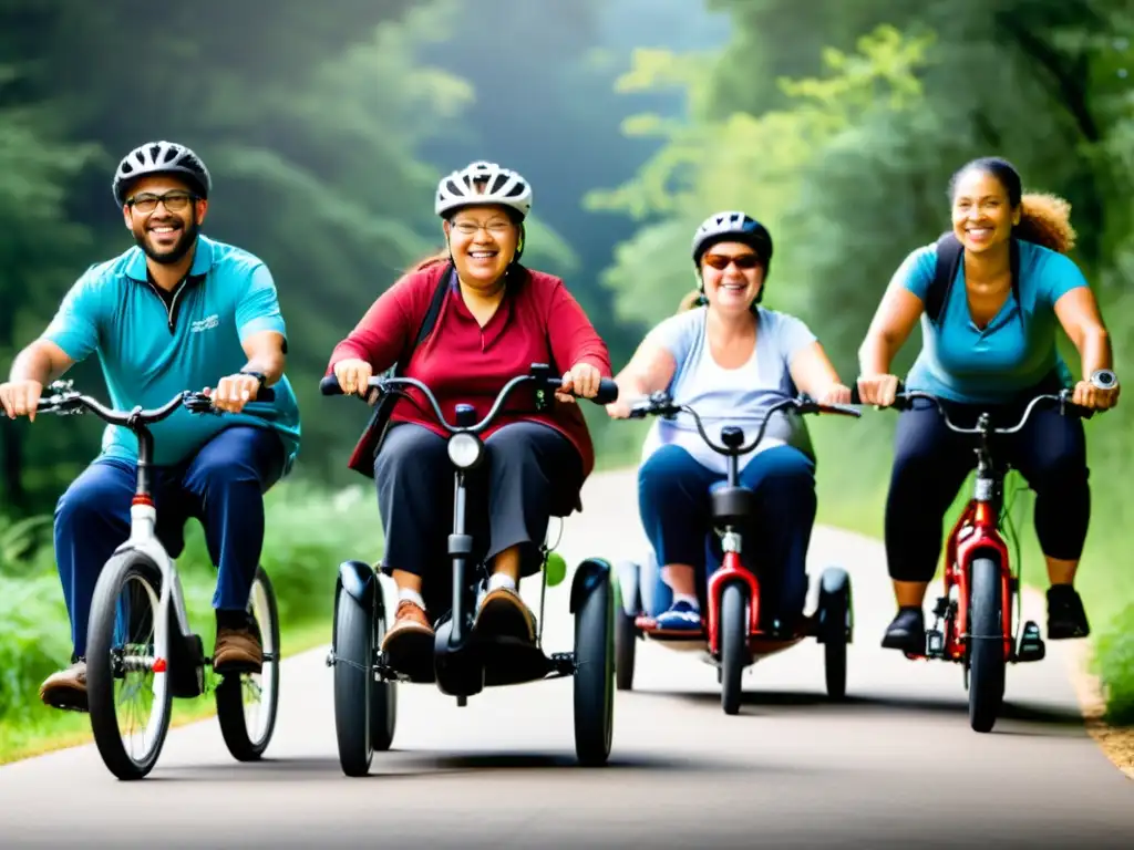 Jóvenes con diversidad funcional disfrutan de un paseo en bicicletas adaptadas por un sendero accesible, mostrando inclusividad y empoderamiento