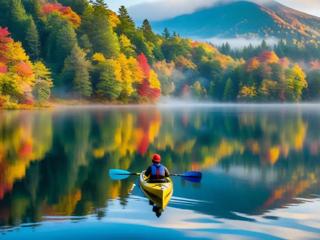 Un kayak solitario en un lago sereno rodeado de colores otoñales, evocando la sensación de explorar ríos y lagos en kayak