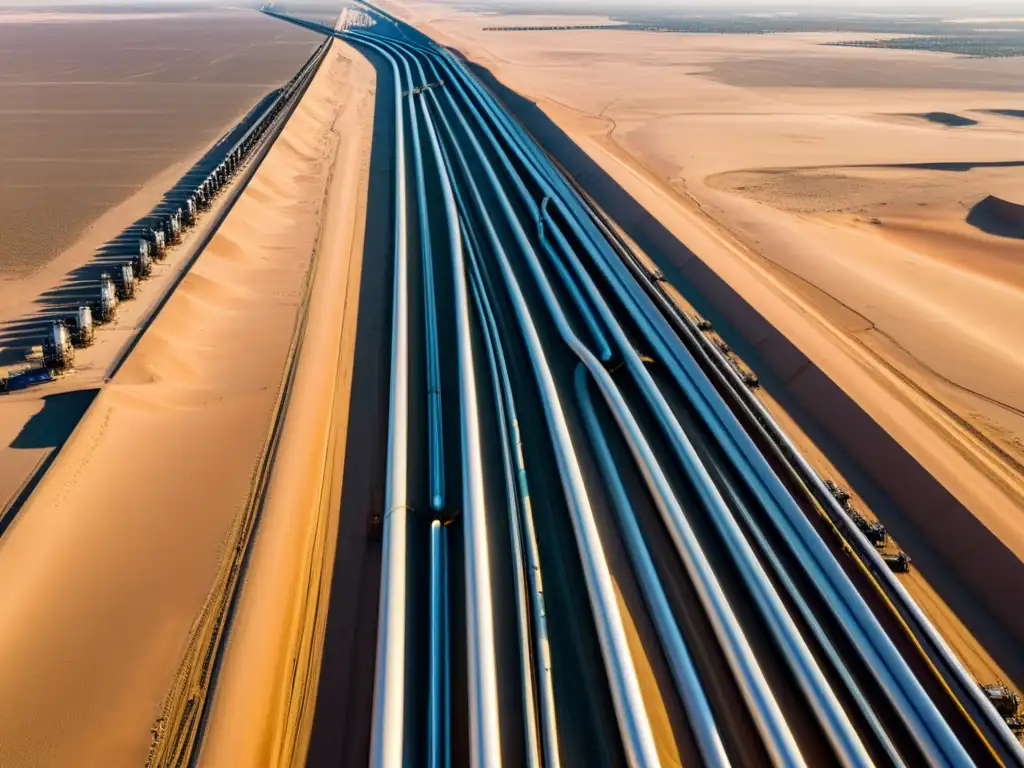 Un laberinto de tuberías de petróleo serpentea en el desierto, bañado por la luz dorada del sol