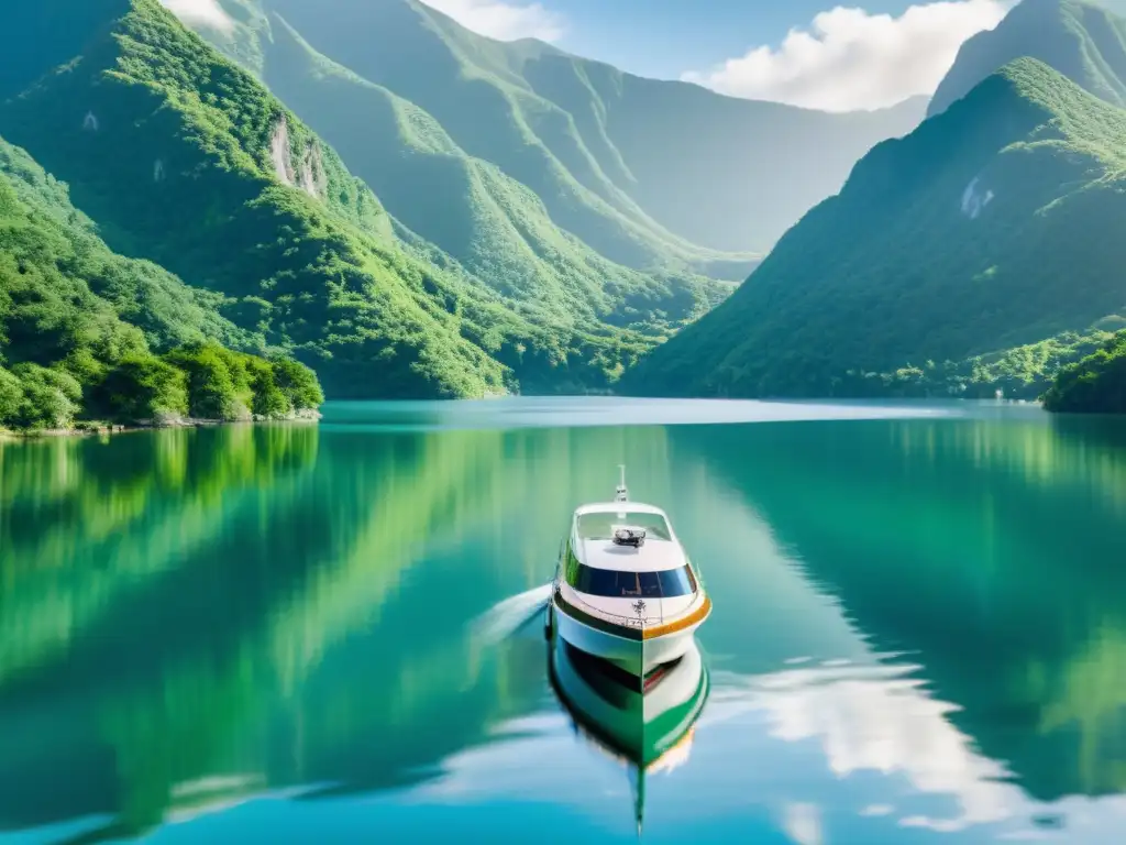 Un lago sereno rodeado de montañas verdes, con barcos tradicionales y modernos navegando en armonía