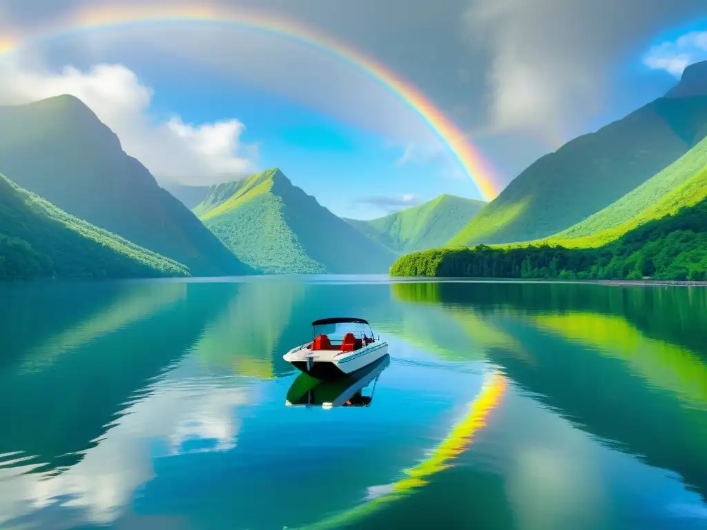Un lago sereno rodeado de montañas verdes, con un elegante barco eléctrico deslizándose silenciosamente sobre el agua