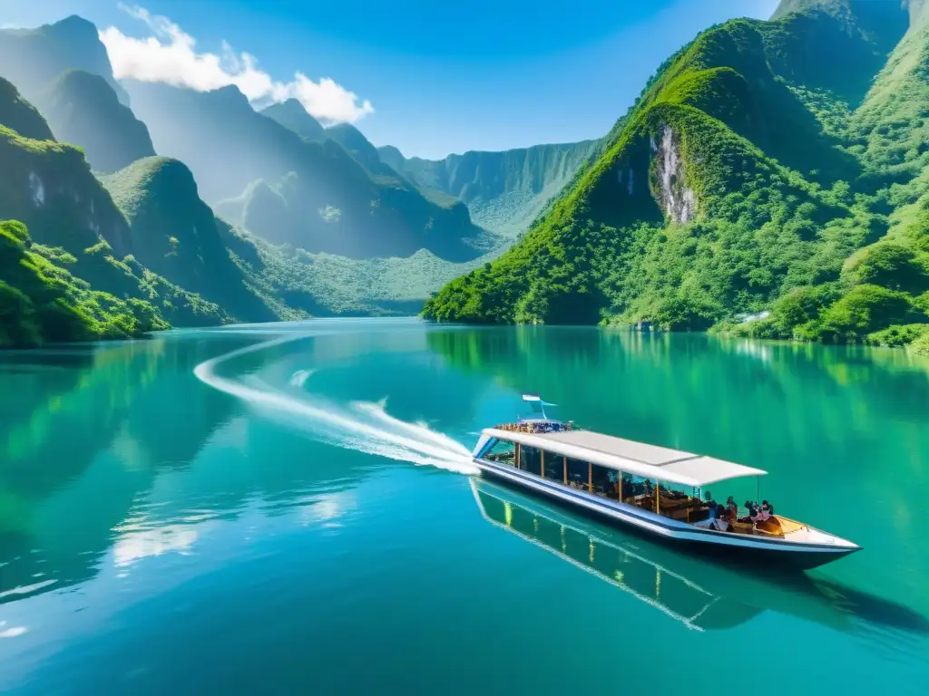 Un lago sereno rodeado de montañas verdes, con un bote eléctrico deslizándose silenciosamente