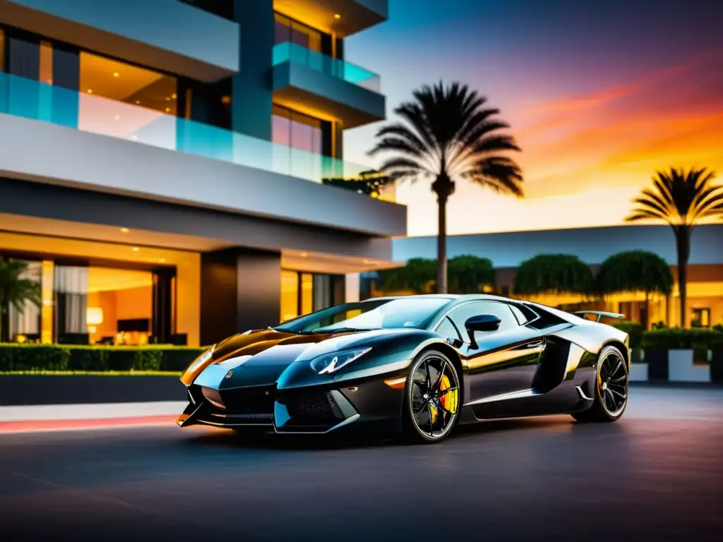 Un Lamborghini Aventador negro y elegante estacionado frente a un lujoso hotel, con el sol reflejándose en su exterior pulido