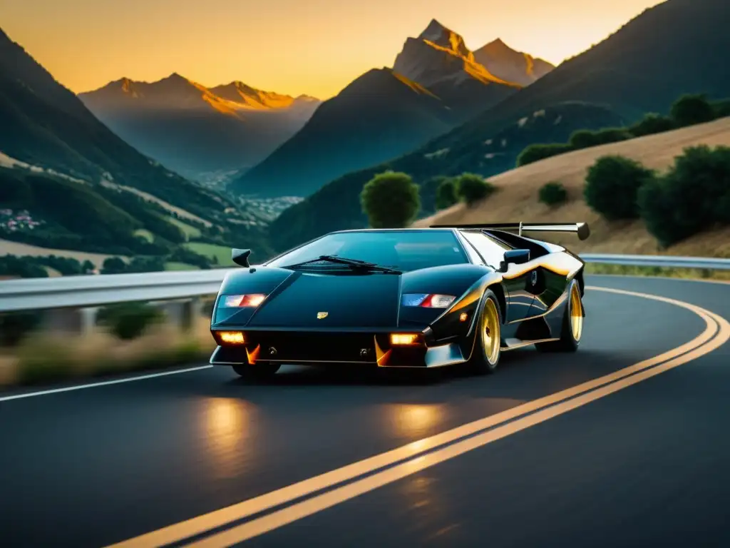 Un Lamborghini Countach negro en la era dorada de Lamborghini, con la luz dorada del atardecer en una carretera montañosa