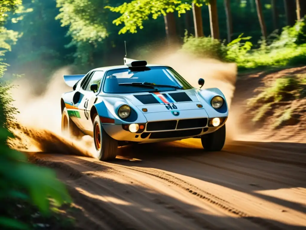 Un Lancia Stratos HF clásico en plena evolución del rally automotriz historia, dejando una estela de polvo y hojas al recorrer un bosque sinuoso