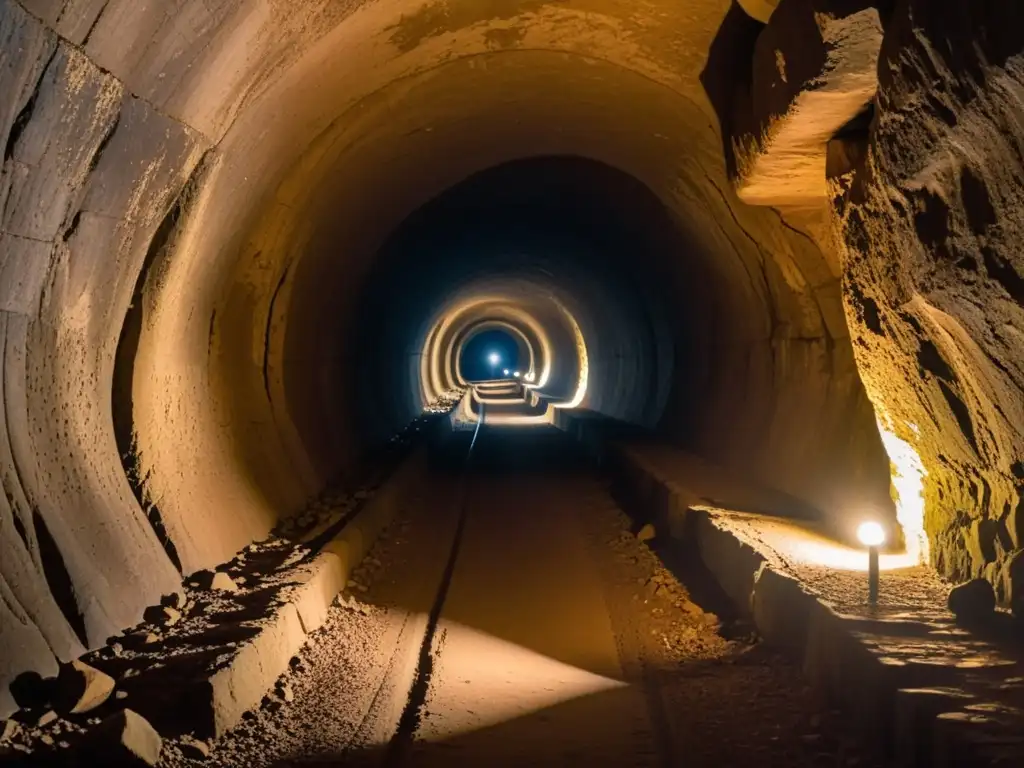 Un largo túnel oscuro iluminado por antorchas, reflejando la determinación en su construcción