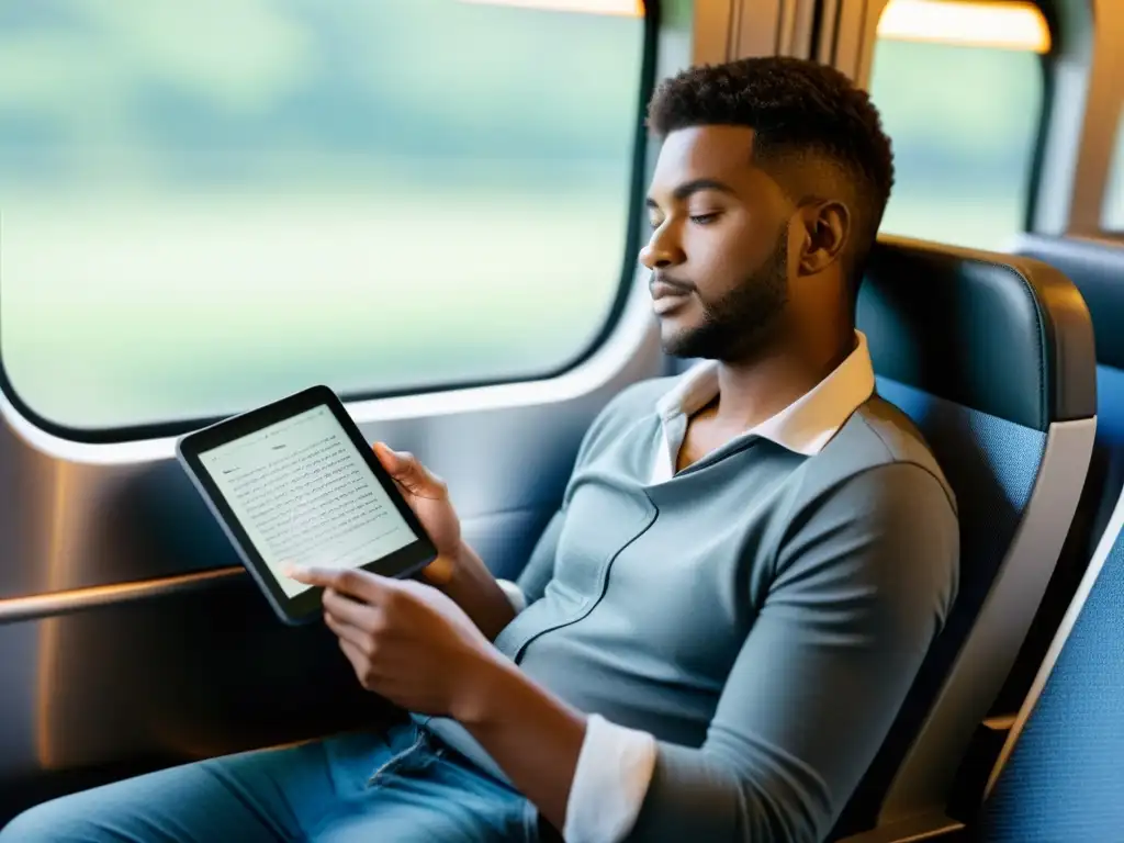 Un lector disfruta cómodamente su eReader en un tren, rodeado de otros pasajeros