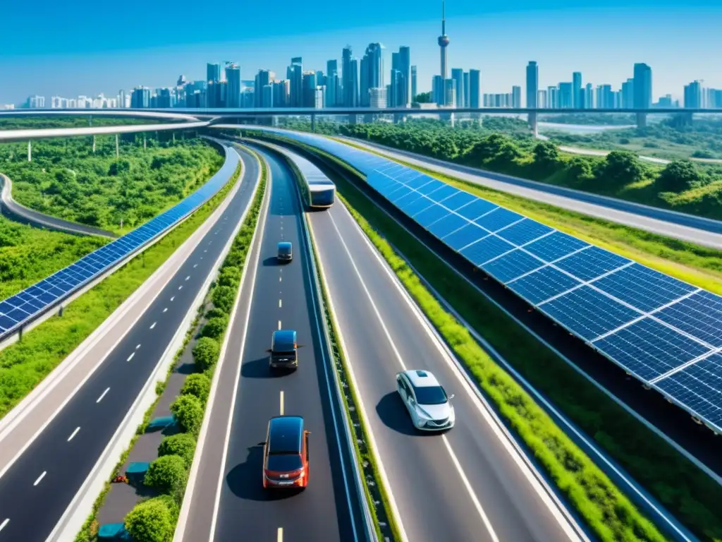 Autopista LEEDcertificada con paneles solares, vegetación exuberante y vehículos eléctricos bajo un cielo azul y ciudad futurista al fondo