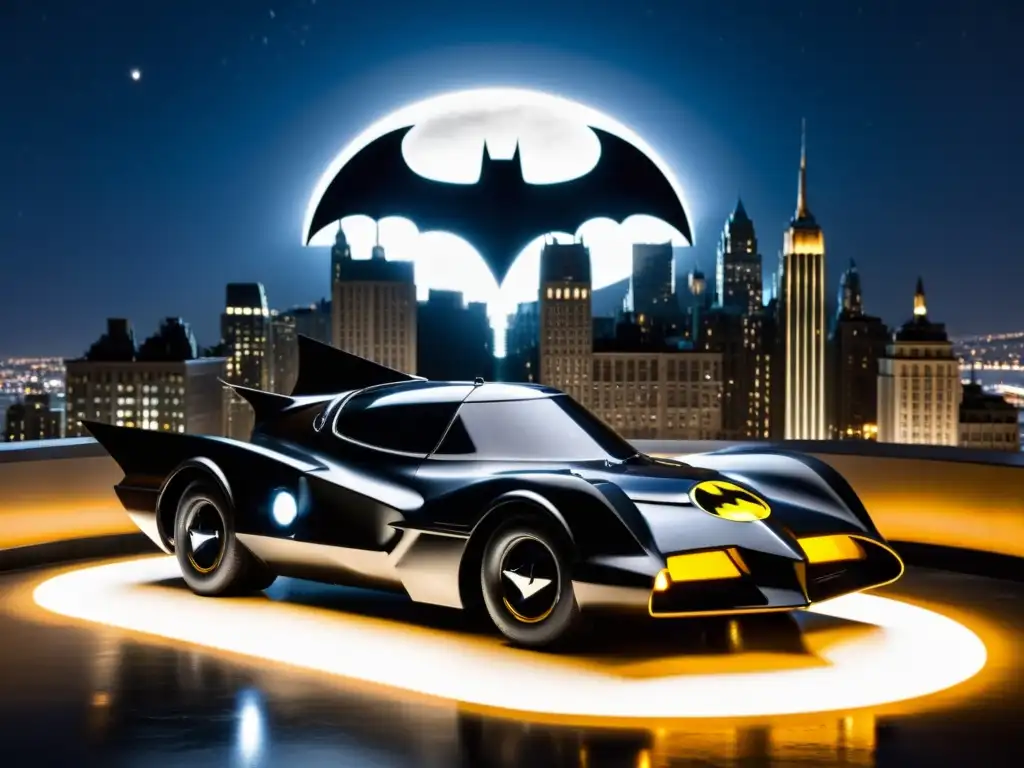 El legendario Batimóvil negro de 1966 estacionado en Gotham City, con el Batseñal iluminando el cielo nocturno