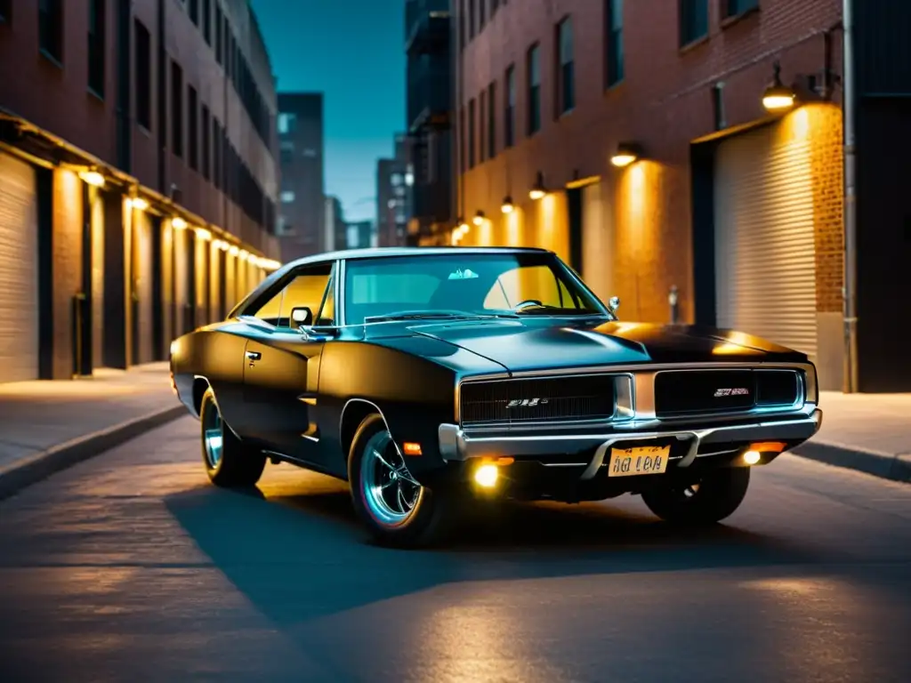 Charger negro en calle oscura: potencia y elegancia El legendario Dodge Charger 1969 en un callejón oscuro