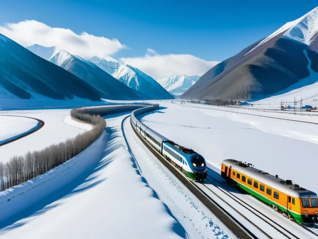 El legendario tren Transiberiano recorre la pintoresca Siberia, con sus brillantes vagones contrastando la nieve