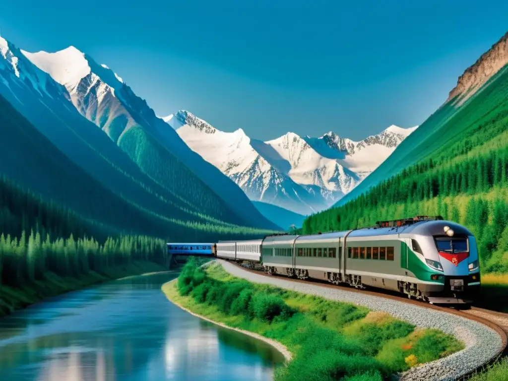 El legendario tren Transiberiano atraviesa la vasta Siberia, con paisajes de montañas nevadas y densos bosques