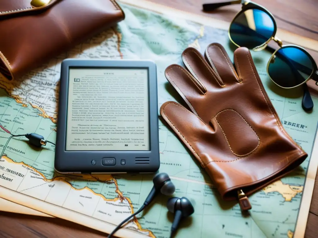 Un EReader para transportar libros descansa sobre un mapa envejecido, rodeado de accesorios de viaje