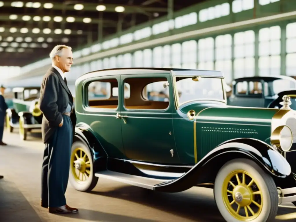 Henry Ford supervisa la línea de ensamblaje en su fábrica de automóviles, mostrando innovaciones tecnológicas en transporte automotriz