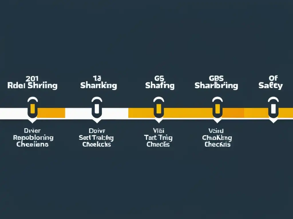 Una línea de tiempo detallada sobre la evolución de las medidas de seguridad en el Ride Sharing, mostrando avances como cinturones de seguridad, airbags, GPS y verificación de antecedentes de conductores, transmitiendo progreso y mejora en los estándares de seguridad