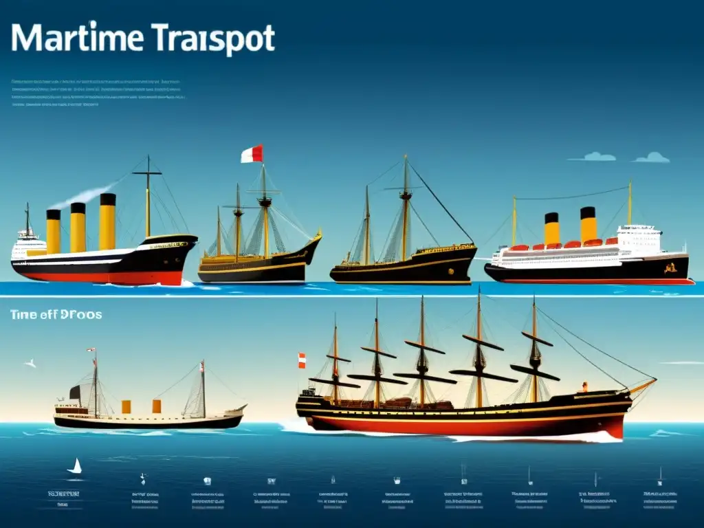 Una línea de tiempo detallada de la evolución del transporte marítimo, desde antiguos veleros hasta modernos buques de carga