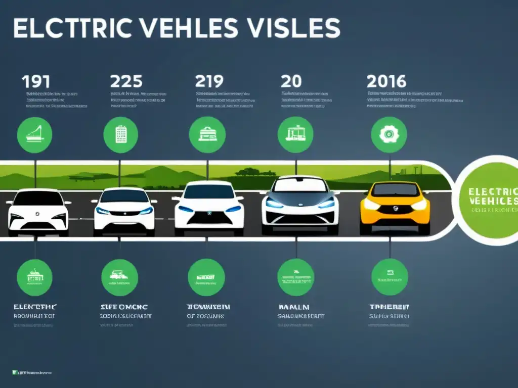 Una línea de tiempo detallada muestra la evolución de los vehículos eléctricos, desde los prototipos iniciales hasta los diseños modernos