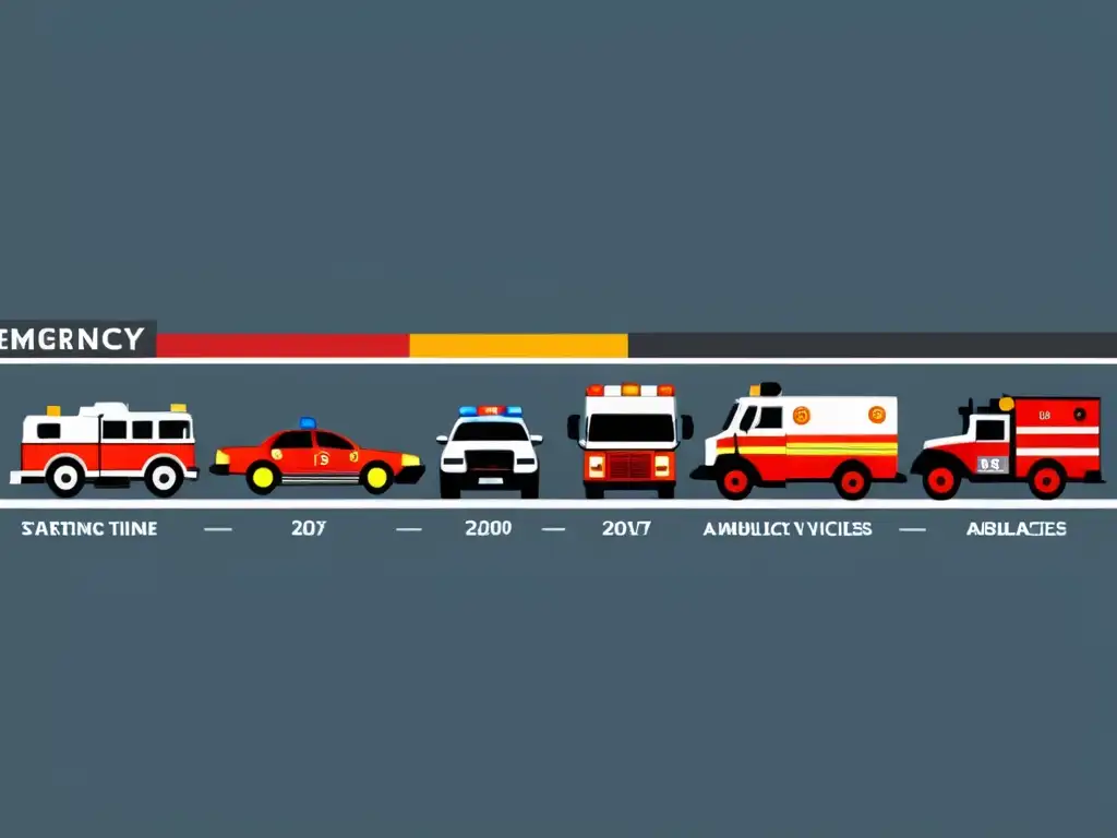 Una línea de tiempo detallada en 8k muestra la evolución de vehículos de emergencia, desde antiguas ambulancias de caballos hasta modernas unidades