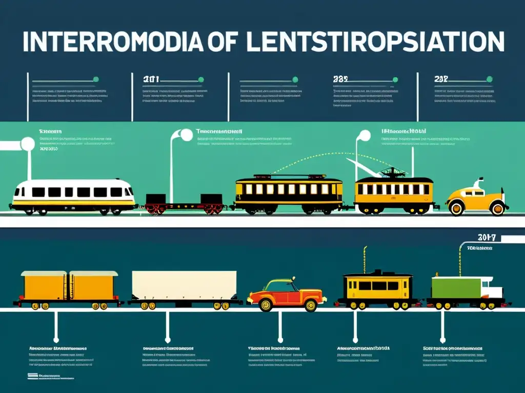 Una línea de tiempo histórica muestra la evolución del transporte intermodal, desde carros de caballos hasta sistemas modernos