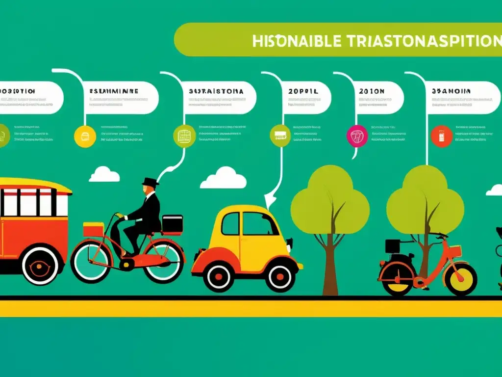 Una línea de tiempo histórica muestra la evolución del transporte sostenible desde carruajes hasta vehículos eléctricos y transporte público