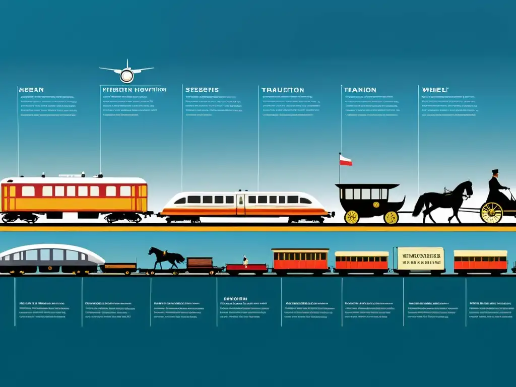 Una línea de tiempo ilustra la evolución de los medios de transporte, desde antiguos métodos hasta innovaciones tecnológicas