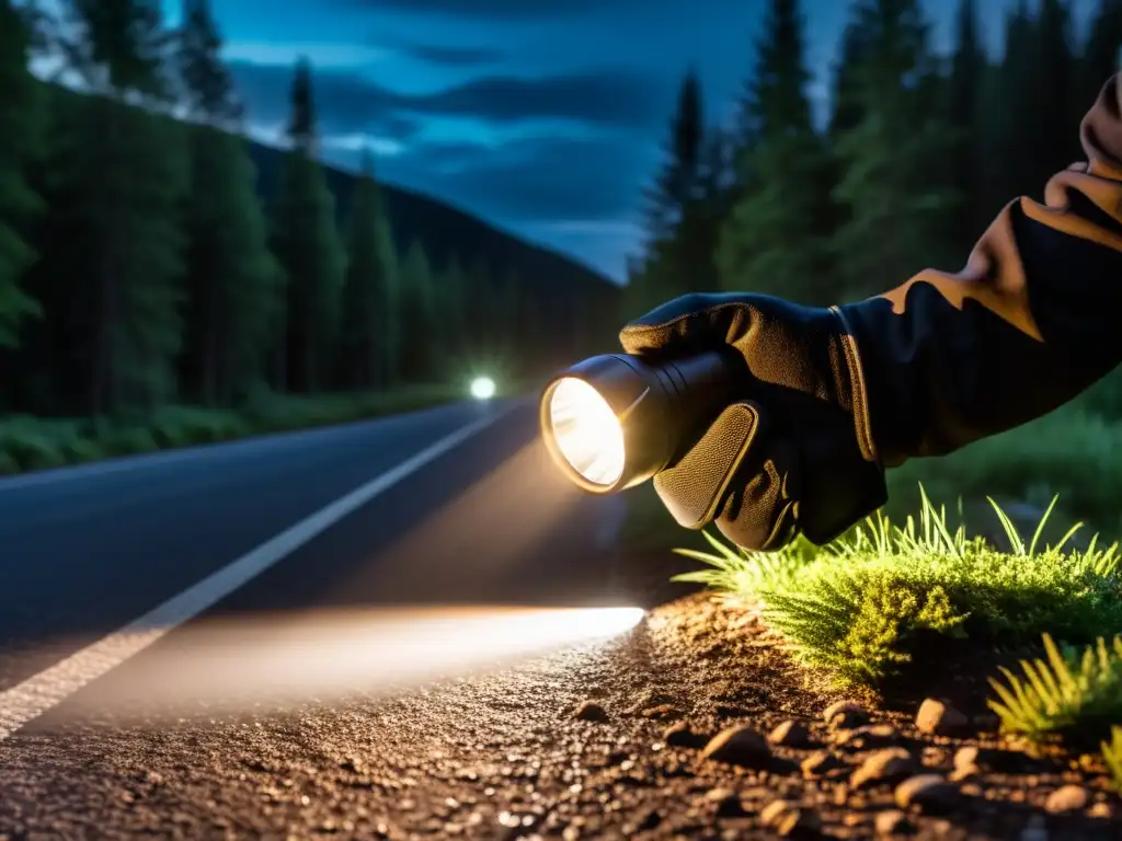 Una linterna LED moderna ilumina un oscuro camino nocturno, destacando la tecnología de punta para linternas de viaje