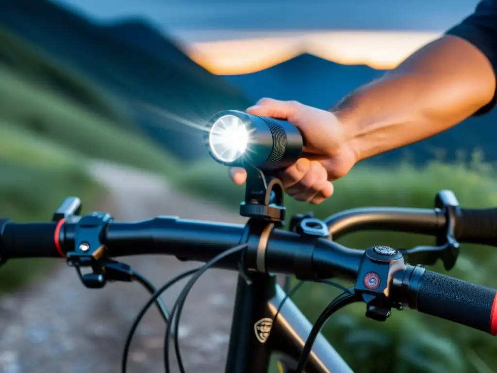 Linterna de viaje de tecnología avanzada iluminando un sendero montañoso en la oscuridad