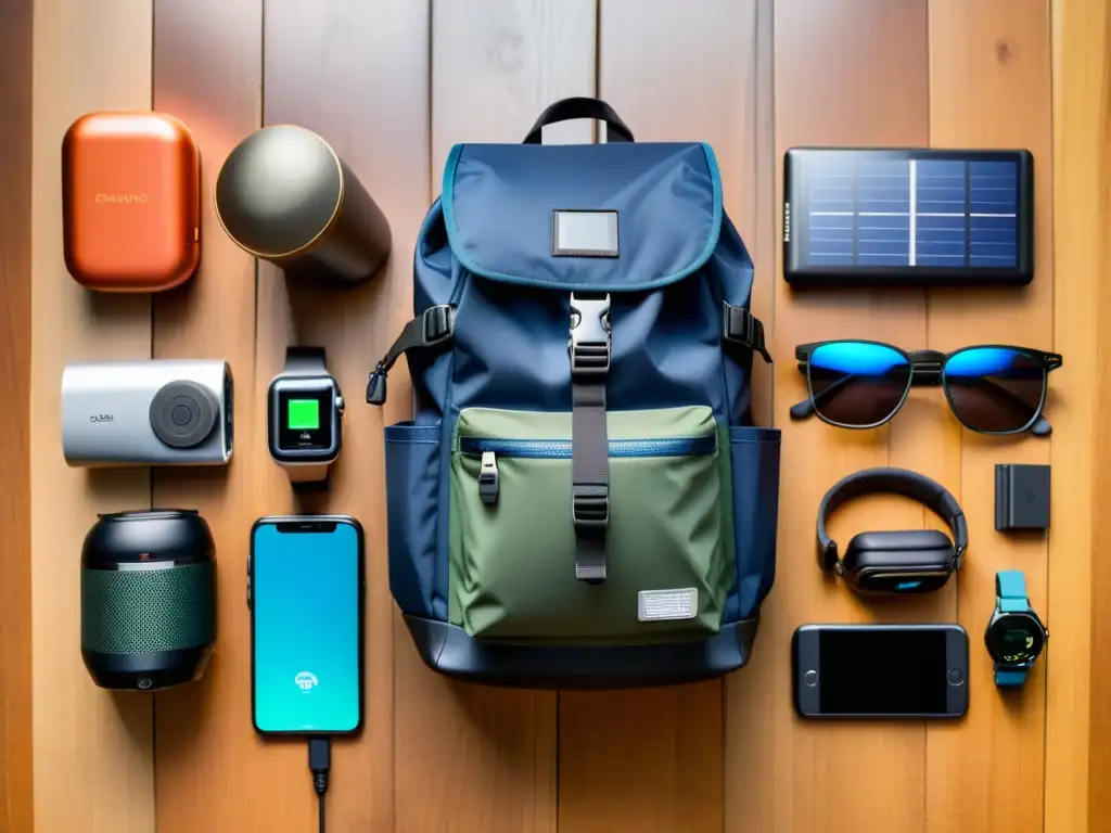 Lista de gadgets imprescindibles para trotamundos moderno desplegados en mochila sobre mesa de madera, con bullicioso aeropuerto de fondo