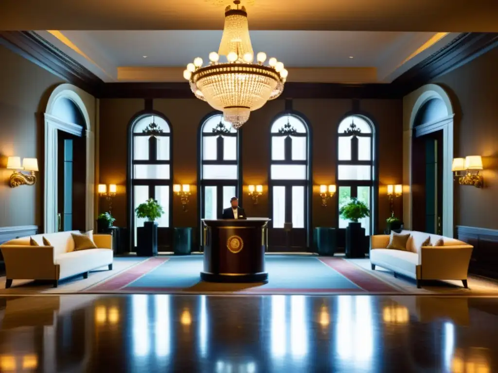 Un lobby de hotel temático viajes en el tiempo, con una escalera grandiosa, candelabros y muebles antiguos