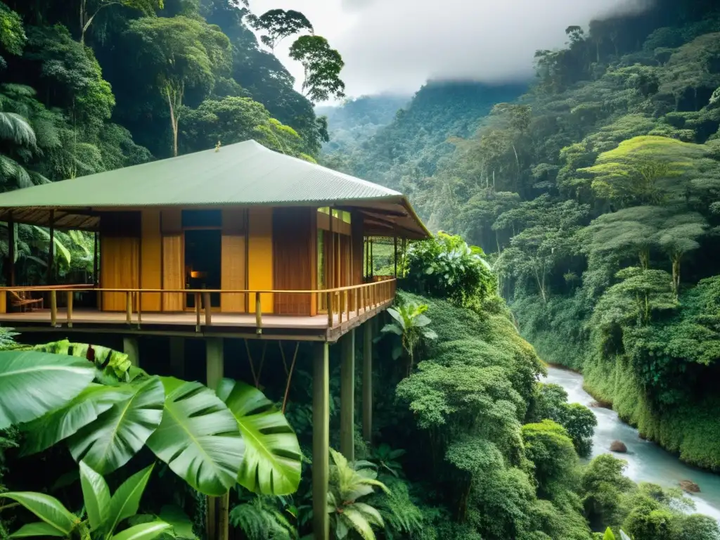 Un lodge ecológico en un exuberante bosque lluvioso, donde el turismo de lujo sostenible se fusiona con la naturaleza virgen