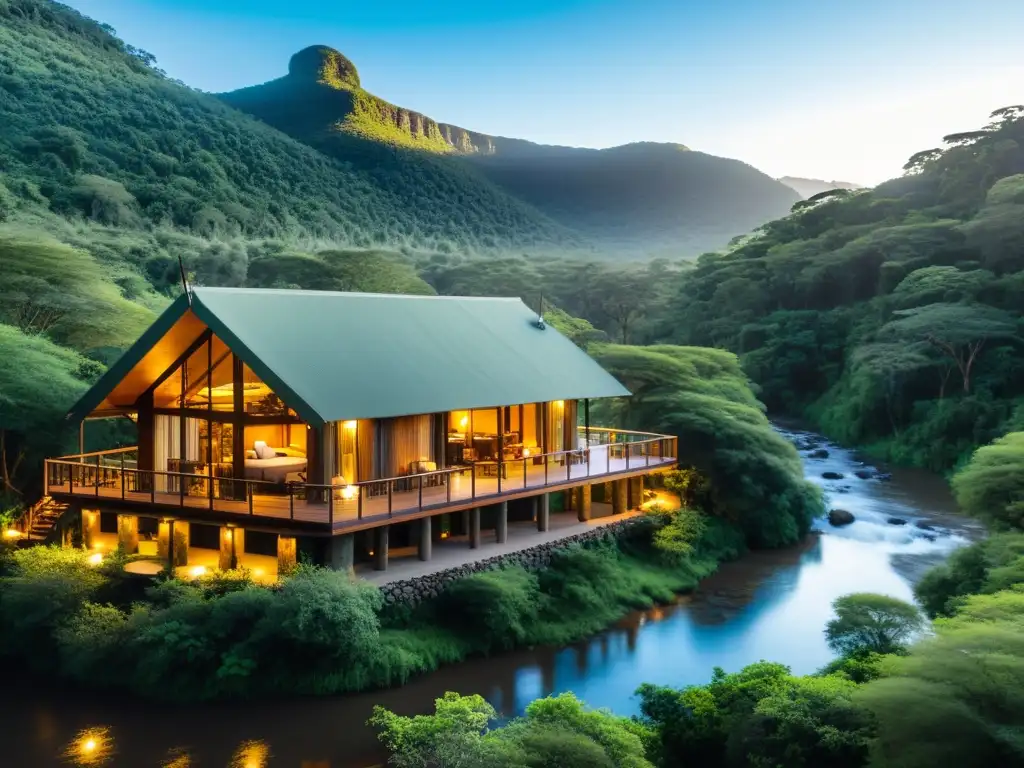 Un lodge de lujo en la naturaleza, rodeado de exuberante flora y un río sereno