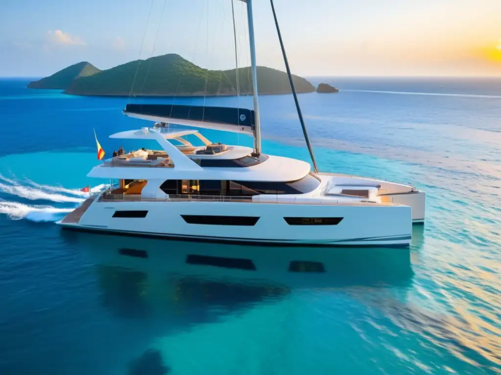 Catamarán de lujo: navegando hacia el atardecer Un catamarán de lujo navegando en aguas cristalinas al atardecer, representando viajes de lujo en catamarán con conciencia ambiental