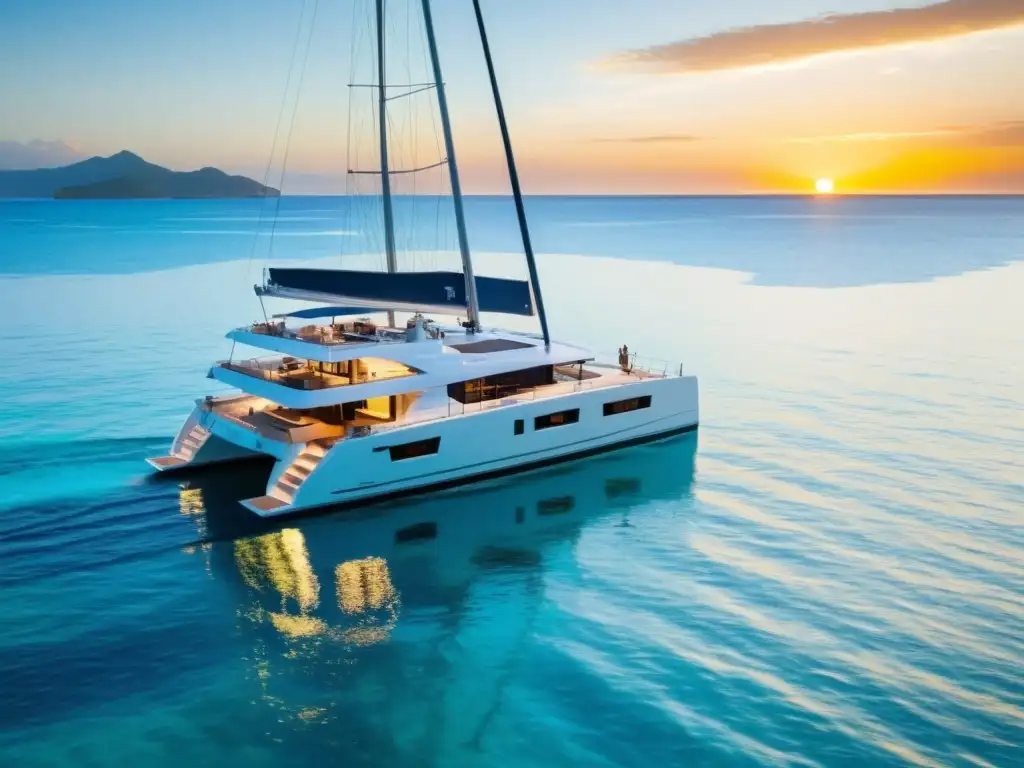 Catamarán de lujo en aguas cristalinas al atardecer Un catamarán de lujo navegando en aguas cristalinas al atardecer, con un ambiente elegante y exclusivo de viajes de lujo en catamarán
