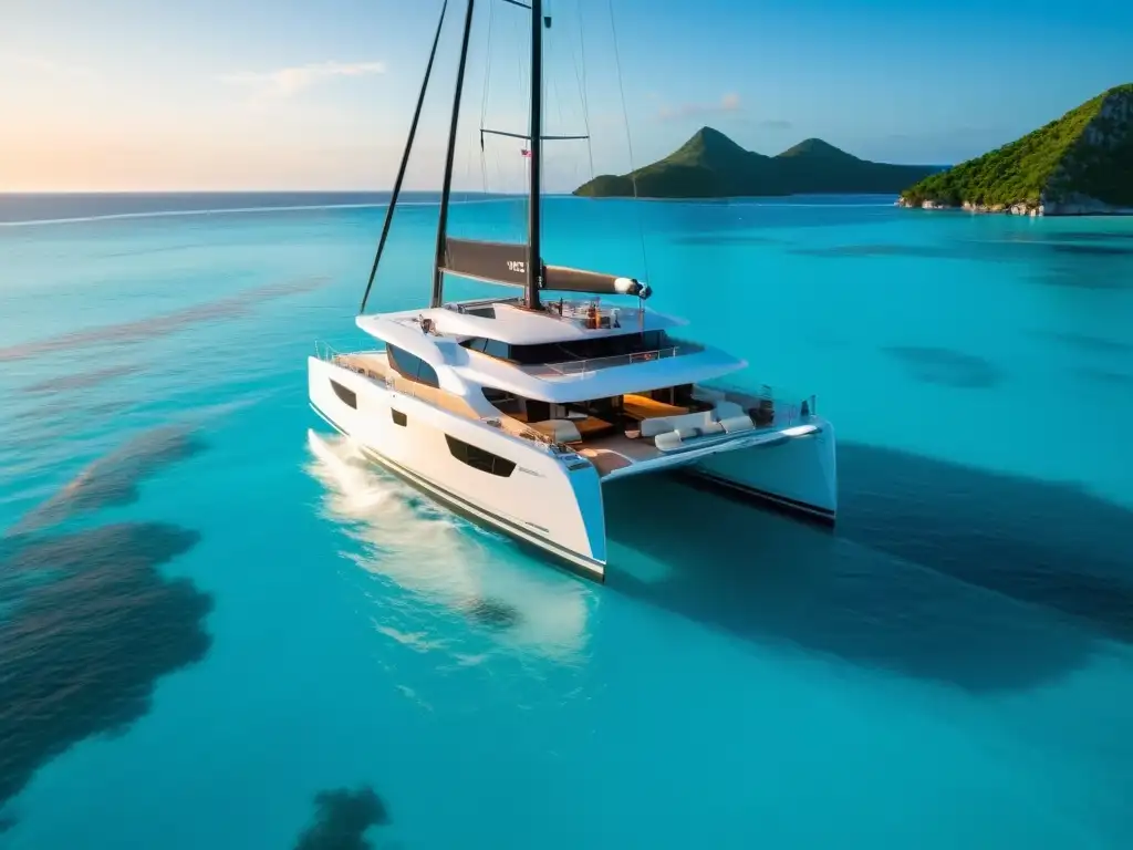 Catamarán de lujo: navegando al atardecer Un catamarán de lujo navega en aguas turquesas al atardecer