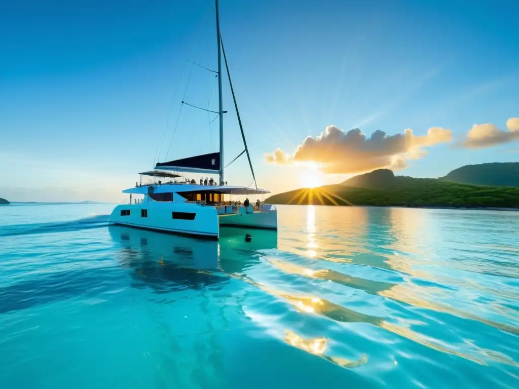 Catamarán de lujo en aguas turquesas al atardecer Un catamarán de lujo surca aguas turquesas al atardecer