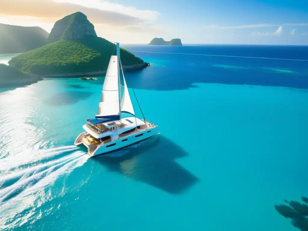 Catamarán de lujo navegando al atardecer Catamarán de lujo navegando en aguas turquesas al atardecer, con pasajeros elegantes disfrutando de champagne