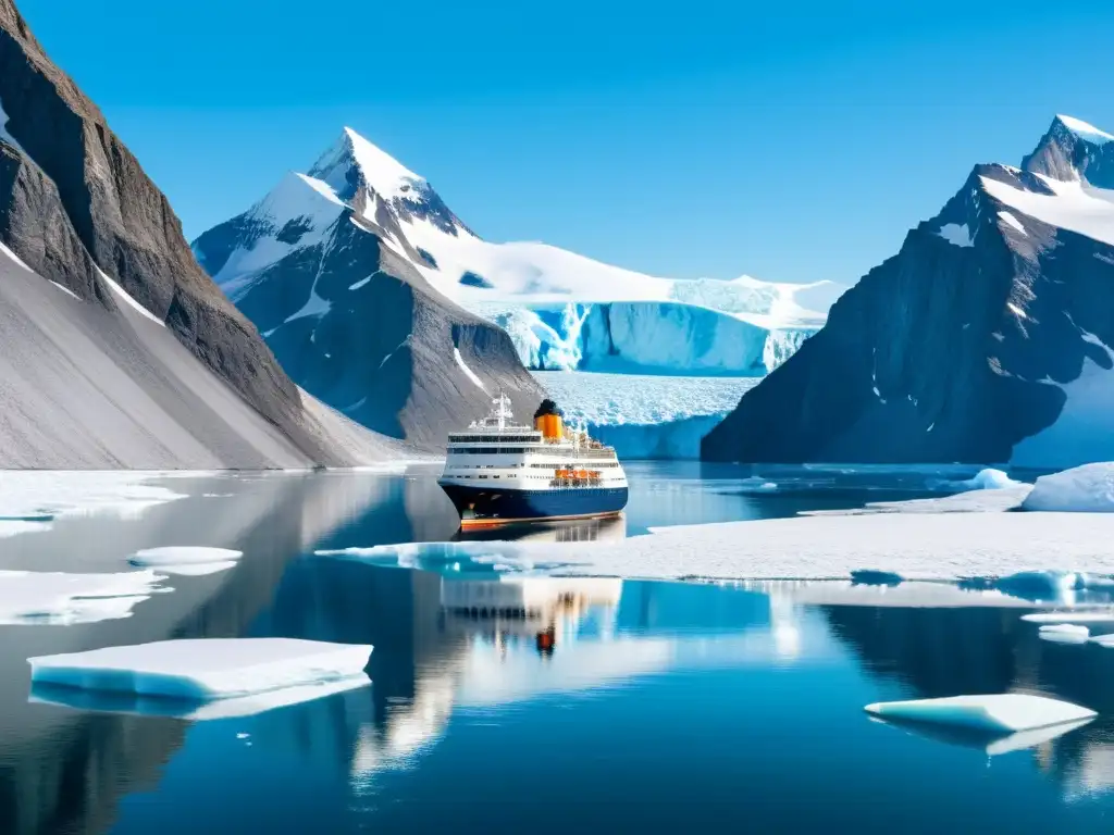 Expedición de lujo al Ártico: Navío de expedición en aguas heladas, rodeado de glaciares y montañas nevadas, reflejando aventura y exclusividad