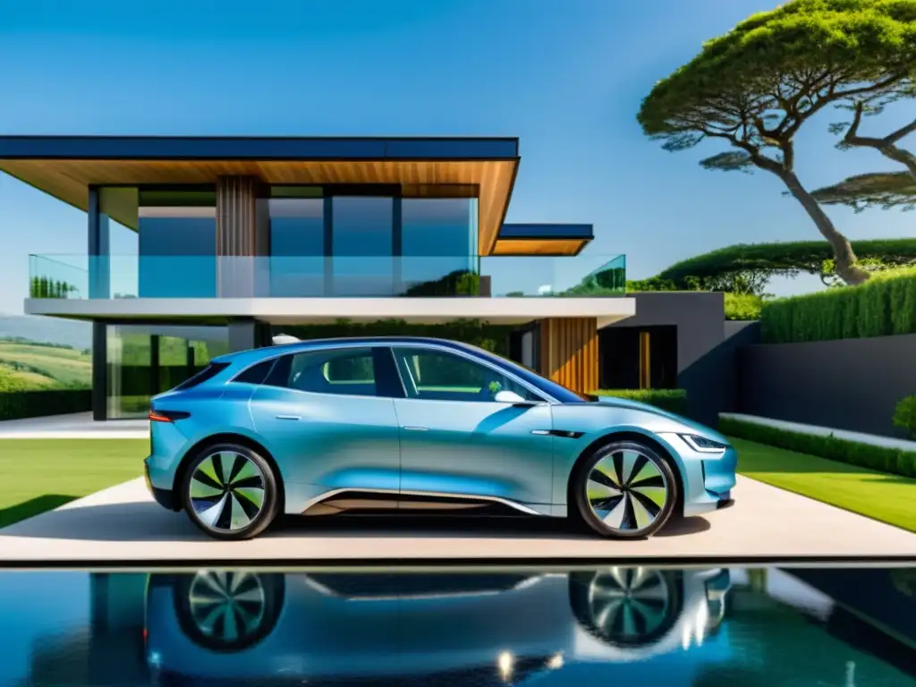 Un lujoso automóvil eléctrico frente a una mansión moderna y ecológica con paneles solares, reflejando elegancia y sostenibilidad