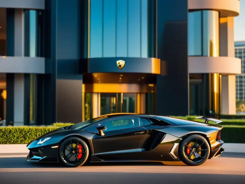 Un lujoso Lamborghini Aventador negro estacionado frente a un hotel de lujo moderno al atardecer, reflejando la ciudad